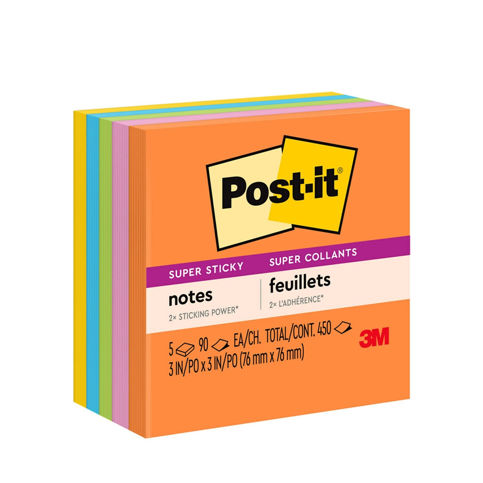 Post-it Super Sticky Notes, 3 x 3, Energy Boost Collection, 90 Sheets/Pad, 5 Pads/Pack (654-5SSUC)