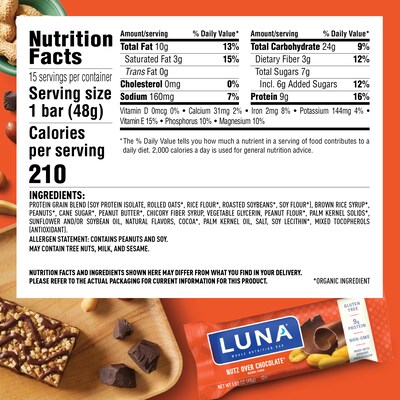 LUNA Nutz Over Chocolate Gluten Free Chocolate Nuts Granola Bar, 1.69 oz., 15 Bars/Box (CCC30310)