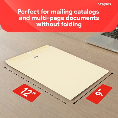 Staples Extra-Heavyweight Clasp & Moistenable Glue Catalog Envelopes, 9"L x 12"H, Manila, 100/Box (121962/19276)