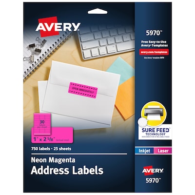 Avery Sure Feed Laser Address Labels, 1 x 2 5/8, Neon Magenta, 750 Labels/Pack (5970)