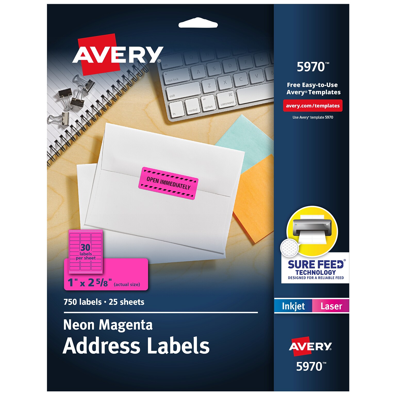 Avery Sure Feed Laser Address Labels, 1 x 2 5/8, Neon Magenta, 750 Labels/Pack (5970)