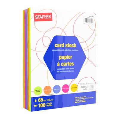 Staples 65 lb. Cardstock Paper, 8.5 x 11, Neon Assorted, 100 Sheets/Pack (98107)