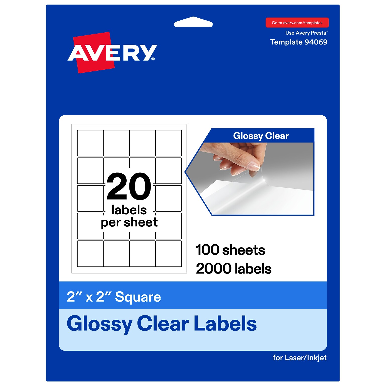 Avery Square Laser/Inkjet Multipurpose Labels, 2 x 2, Clear, 20 Labels/Sheet, 100 Sheets/Pack (19479311178)