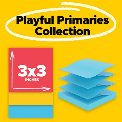 Post-it Super Sticky Pop-up Notes, 3 x 3, Playful Primaries Collection, 90 Sheet/Pad, 10 Pads/Pack (R33010SSAN)