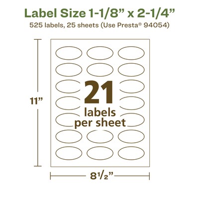 Avery EcoFriendly Laser/Inkjet Oval Multipurpose Labels, 1-1/8" x 2-1/4", White, 525/Pack (94054)