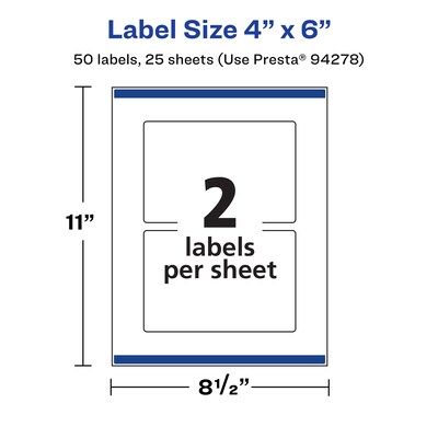 Avery Laser/Inkjet Rectangle Multipurpose Labels, 4" x 6", White, 50 Labels/Pack  (94278)