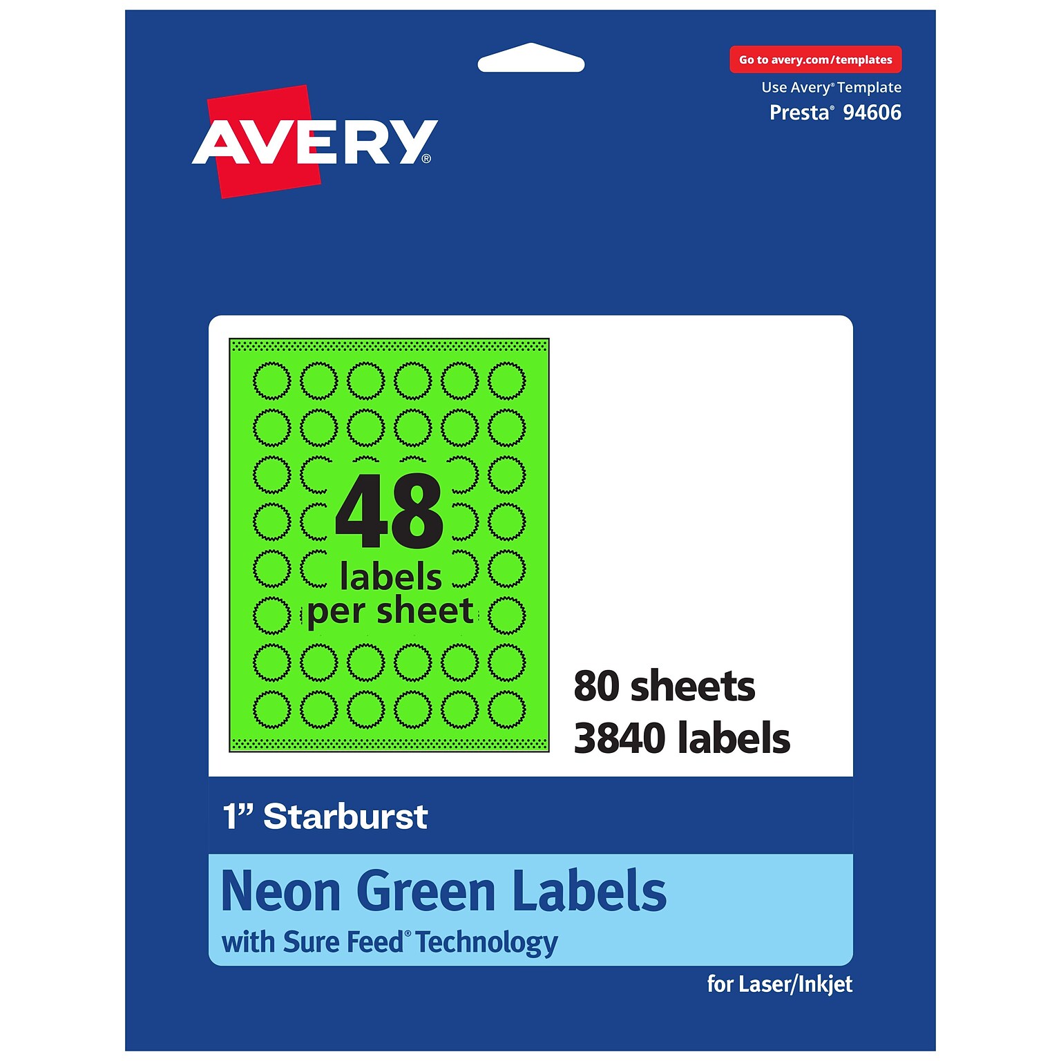 Avery Burst Multipurpose Labels, 1, Neon Green, 3840/Box (94606)