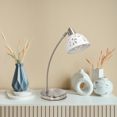 Creekwood Home Blossom 20.28" Traditional Desk Lamp with Flower Cut-Out White Porcelain Shade, Brushed Nickel (CWD-1002-WH)