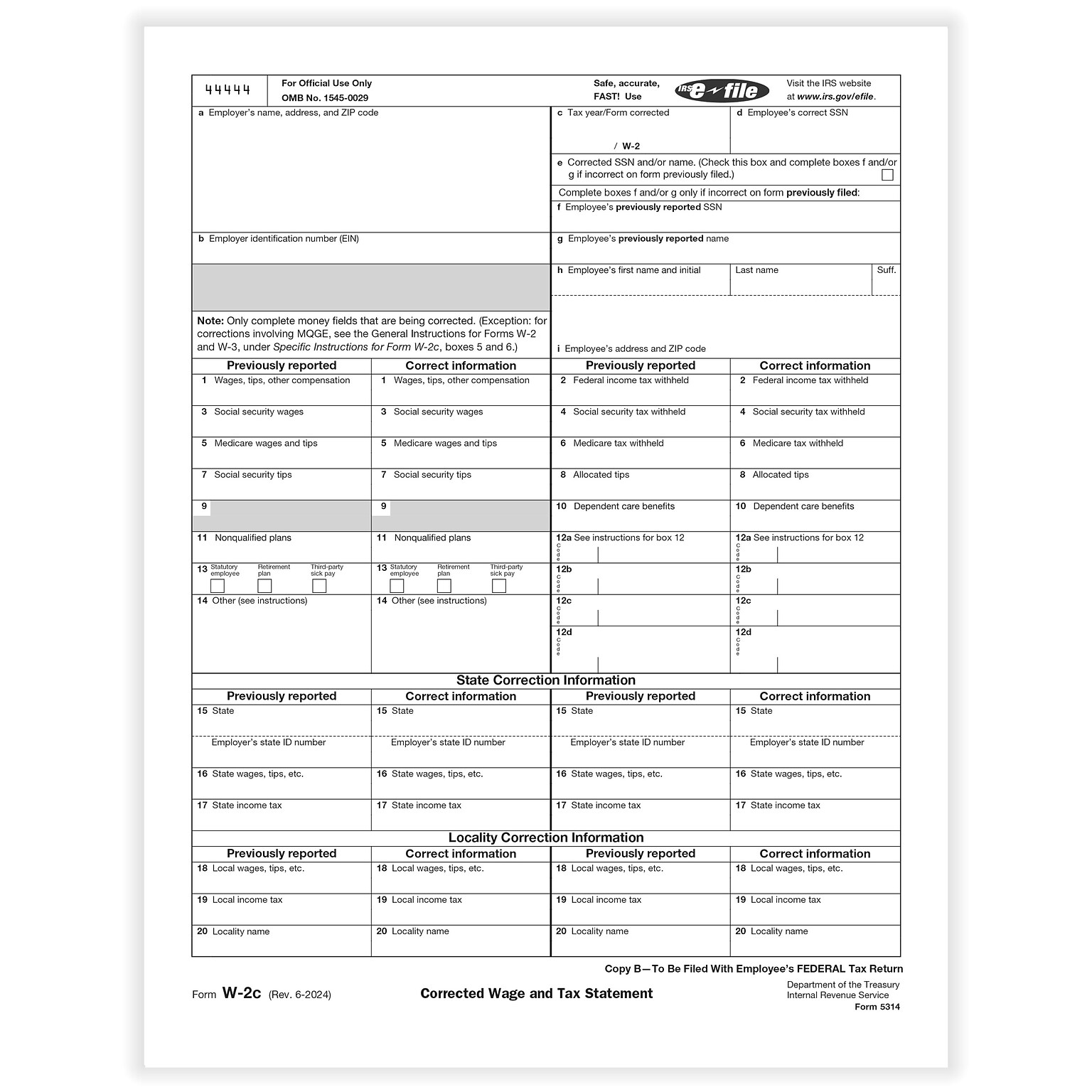 ComplyRight 2024 W-2C Tax Form, 1-Part, Employee Copy B, 50/Pack (531450)