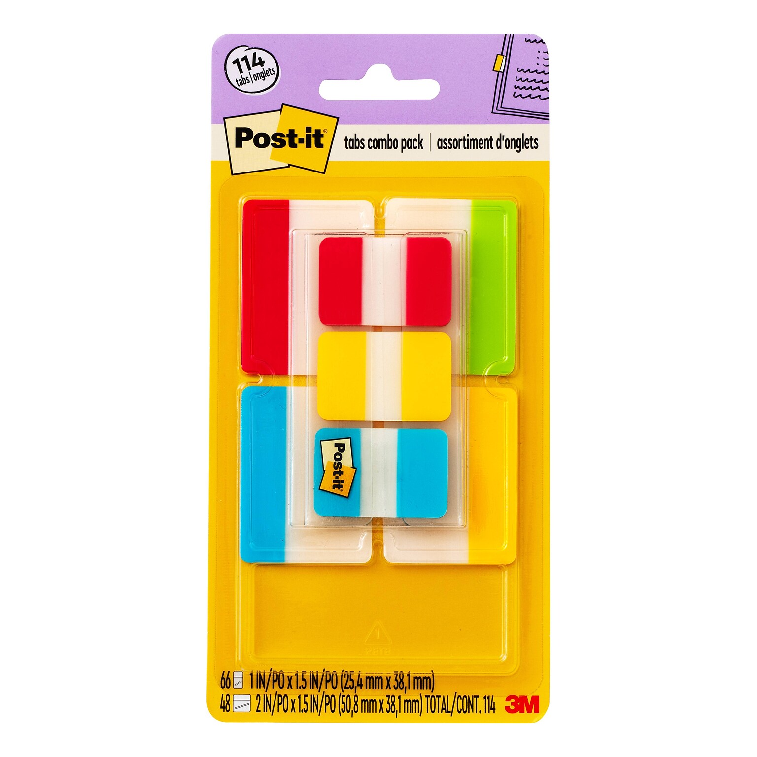 Post-it® Tabs Value Pack, 1 Wide and 2 Wide, Assorted Colors, 114 Tabs/Pack (686-VAD2)