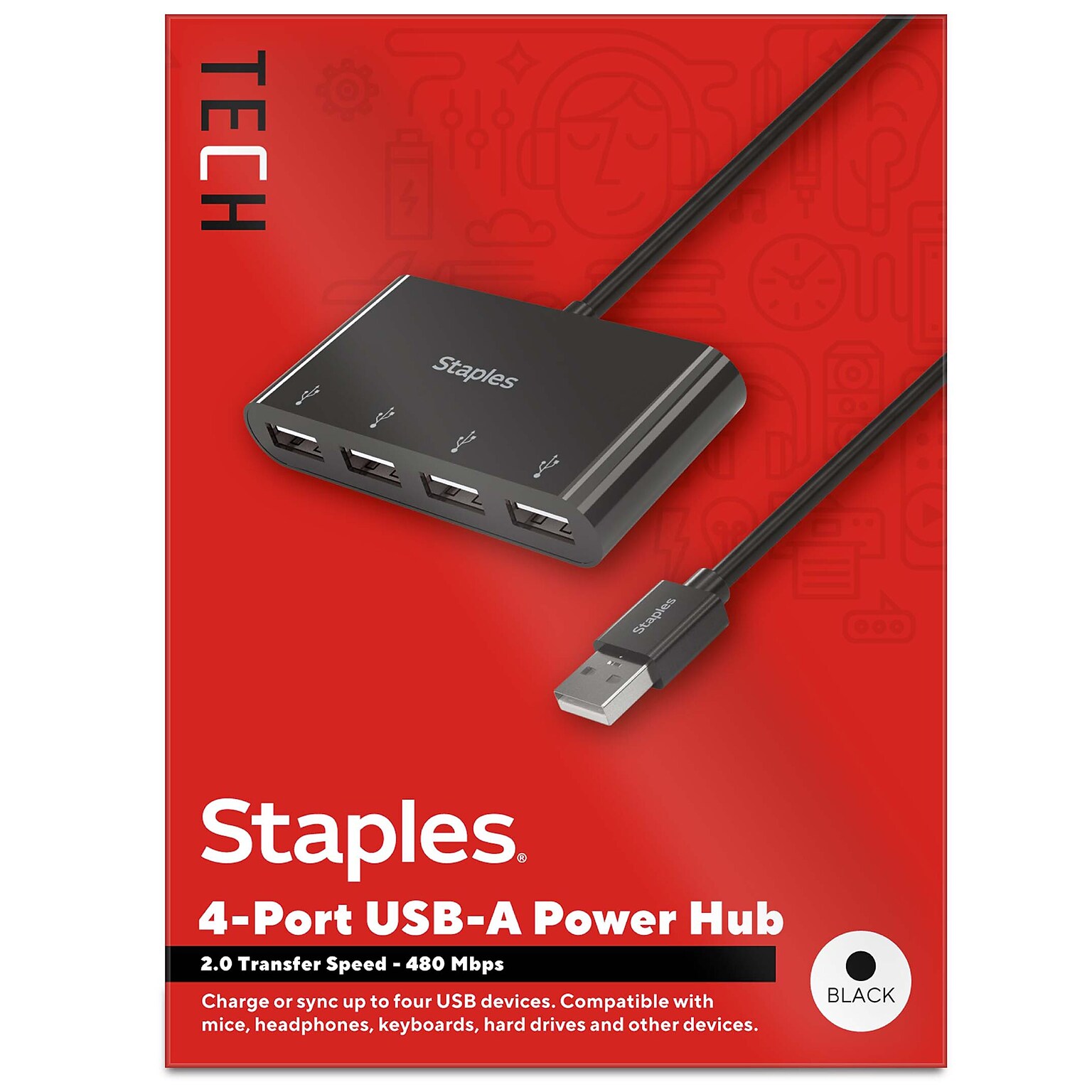 Staples TECH 4-Port USB 2.0 Hub, Black (ST62379)