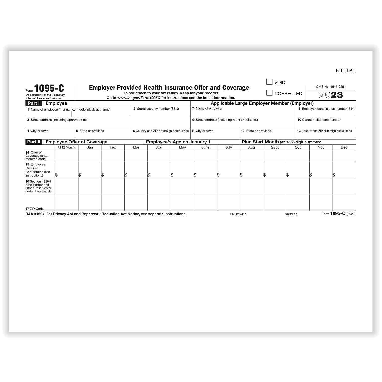 ComplyRight 2023 1095-C “IRS” Copy Employer-Provided Health Insurance Offer And Coverage Tax Form, 50/Pack (1095CIRS50)