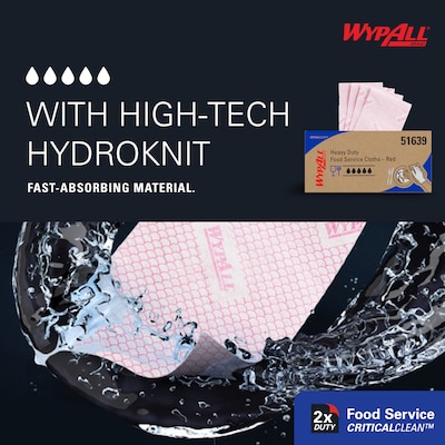 WypAll CriticalClean Fabric Food Service Cloths, 23.5" x 12.5", Red, 200 Cloths/Pack (51639)