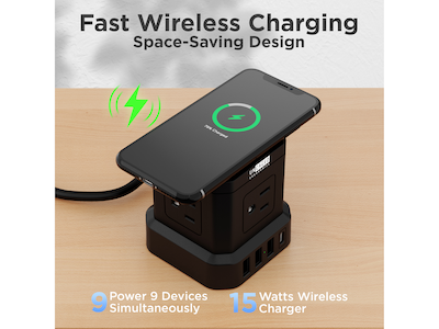 Uncaged Ergonomics Cube 4-Outlet 4-USB Port Surge Protector, 10', Black (WC-10-b)
