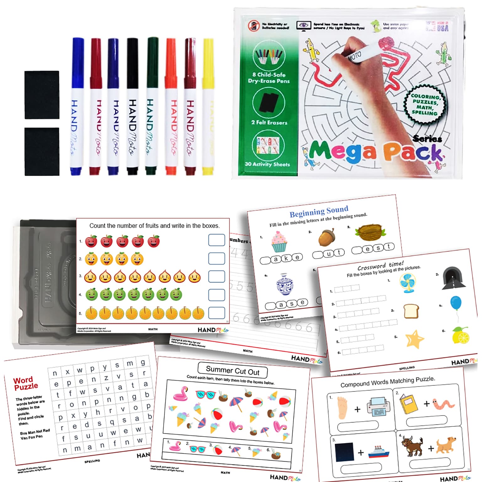 HandMoto Dry-Erase Learning Board, MegaPack Series, 8 Markers & 30 Activity Sheets (HMOMPMO1)
