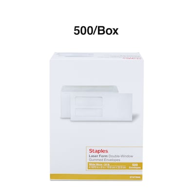 Staples Laser Forms Double Window Envelopes, Wove White, 500/Box (ST473949-CC)