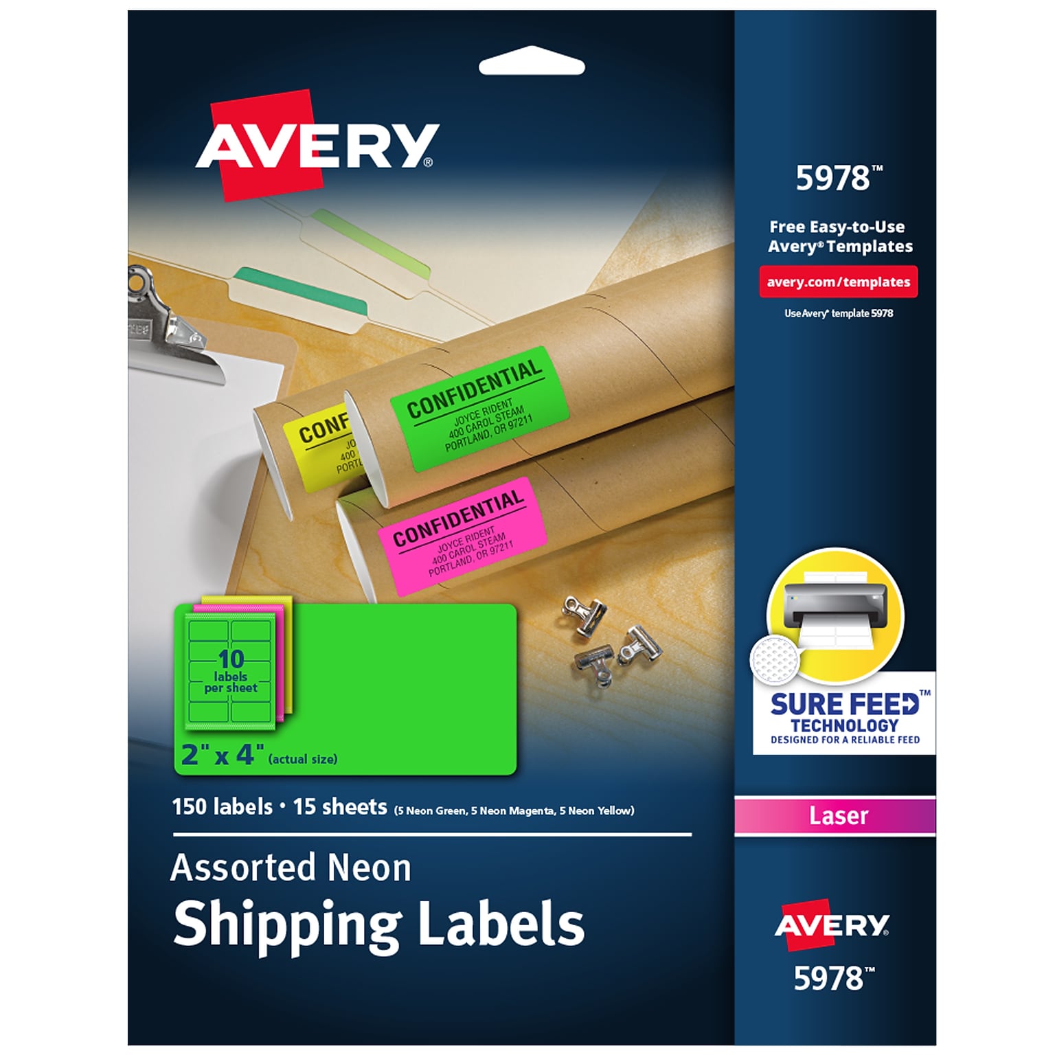 Avery Sure Feed Laser Shipping Labels, 2 x 4, Assorted Neon Colors, 10 Labels/Sheet, 15 Sheets/Pack (5978)