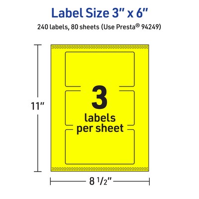 Avery Laser/Inkjet Rectangle Multipurpose Labels, 3" x 6", Neon Yellow, 240/Box (94249)