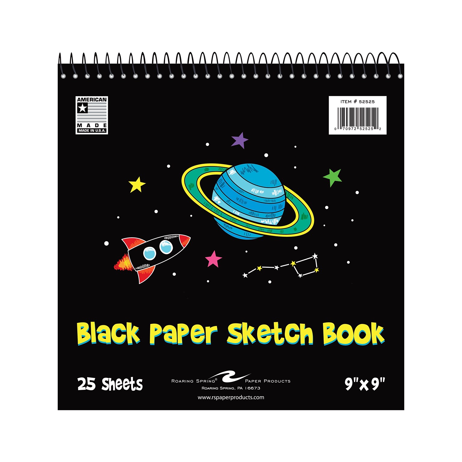 Roaring Spring Paper Products 9 x 9 Wire Bound Drawing Black Paper Sketch Book, 25 Sheets/Book, 24 Books/Carton (52525cs)