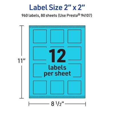 Avery Laser/Inkjet Multipurpose Square Labels, 2" x 2", Bright Blue, 960/Box (94107)