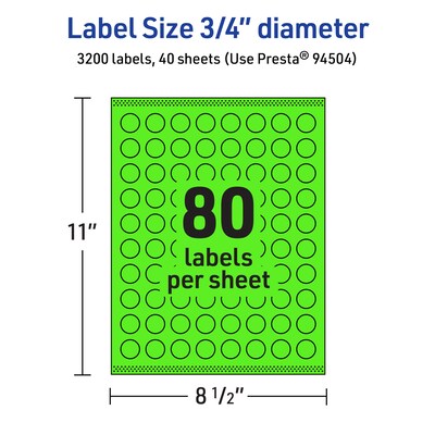 Avery Laser/Inkjet Multipurpose Circle Labels, 0.75" Dia., Neon Green, 3200/Pack (94504)