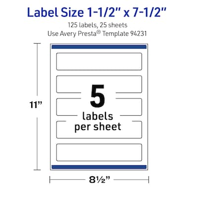 Avery Waterproof Rectangle Laser Multipurpose Labels, 1.5" x 7.5", White, 125/Pack (19479399277)