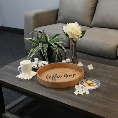 Elegant Designs "Coffee Bar" Decorative 13.75" Round Wood Serving Tray w/ Handles, Natural Wood (HG2013-NCB)