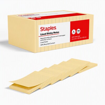 Staples Sticky Notes, 4 x 6, Lined, Sunshine Colors, 600 Sheets – Large Ruled Notes for Lists, Planning & Projects