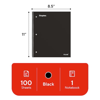 STAPLES Accel 1-Subject Notebook, 8.5” x 11”, College Ruled, 100 Sheets, Black