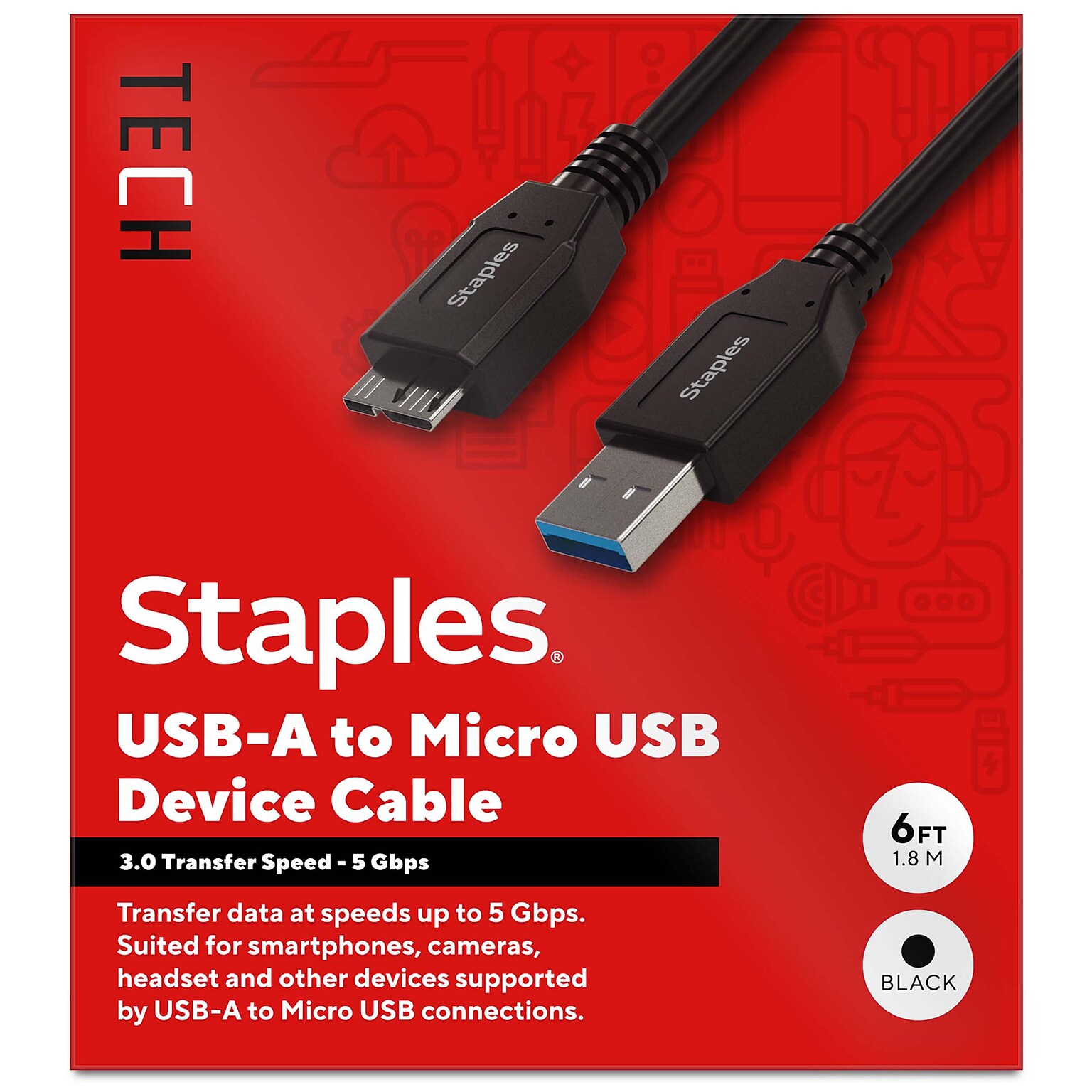 Staples TECH 6 ft. USB-A to Micro USB Type B Cable, Male to Male, Black (ST62441)
