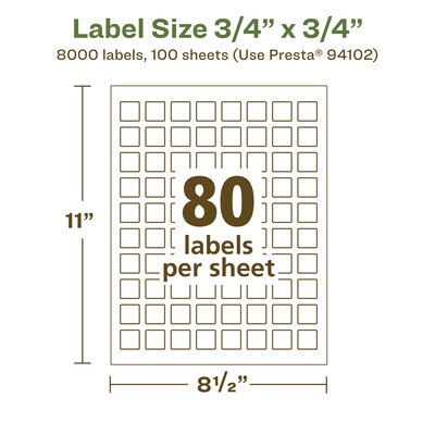 Avery EcoFriendly Laser/Inkjet Square Multipurpose Labels, 3/4" x 3/4", White, 8000/Box (94102)