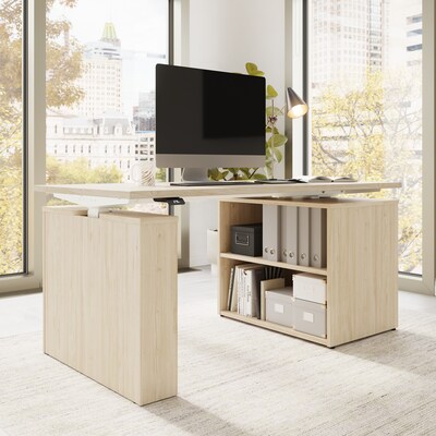 Bush Business Furniture Stratus 60W Electric Adjustable Standing Desk with Bookcase, Natural Elm (SUT005NE)