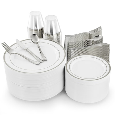 Elama Round Plastic Dinnerware Set, White/Silver, 600 Pieces (935124341M)