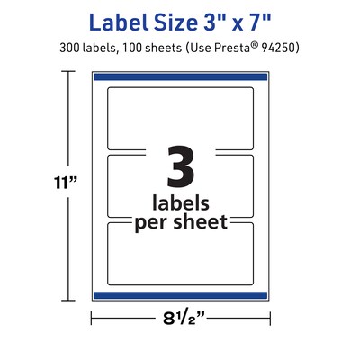 Avery TrueBlock Laser/Inkjet Rectangle Multipurpose Labels, 3" x 7", White, 300/Box (94250)