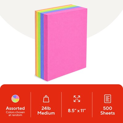 Staples Brights Multipurpose Colored Paper, 24 lbs., 8.5 x 11, Assorted Neon, 500/Ream (20201)