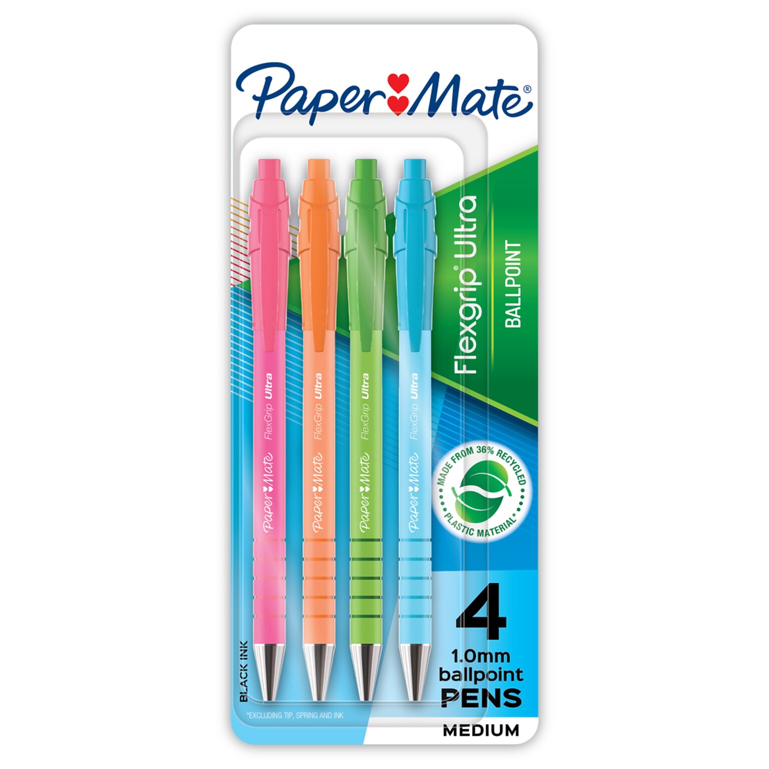 Paper Mate FlexGrip Ultra Retractable Ballpoint Pen, Medium Point, 1.0mm, Black Ink, 4/Pack (2202864)