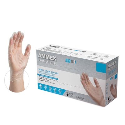 Ammex Professional VPF Powder Free Vinyl Exam Gloves, Latex Free, Clear, Large, 100 Gloves/Box, 10 Boxes/Carton (VPF66100-CC)