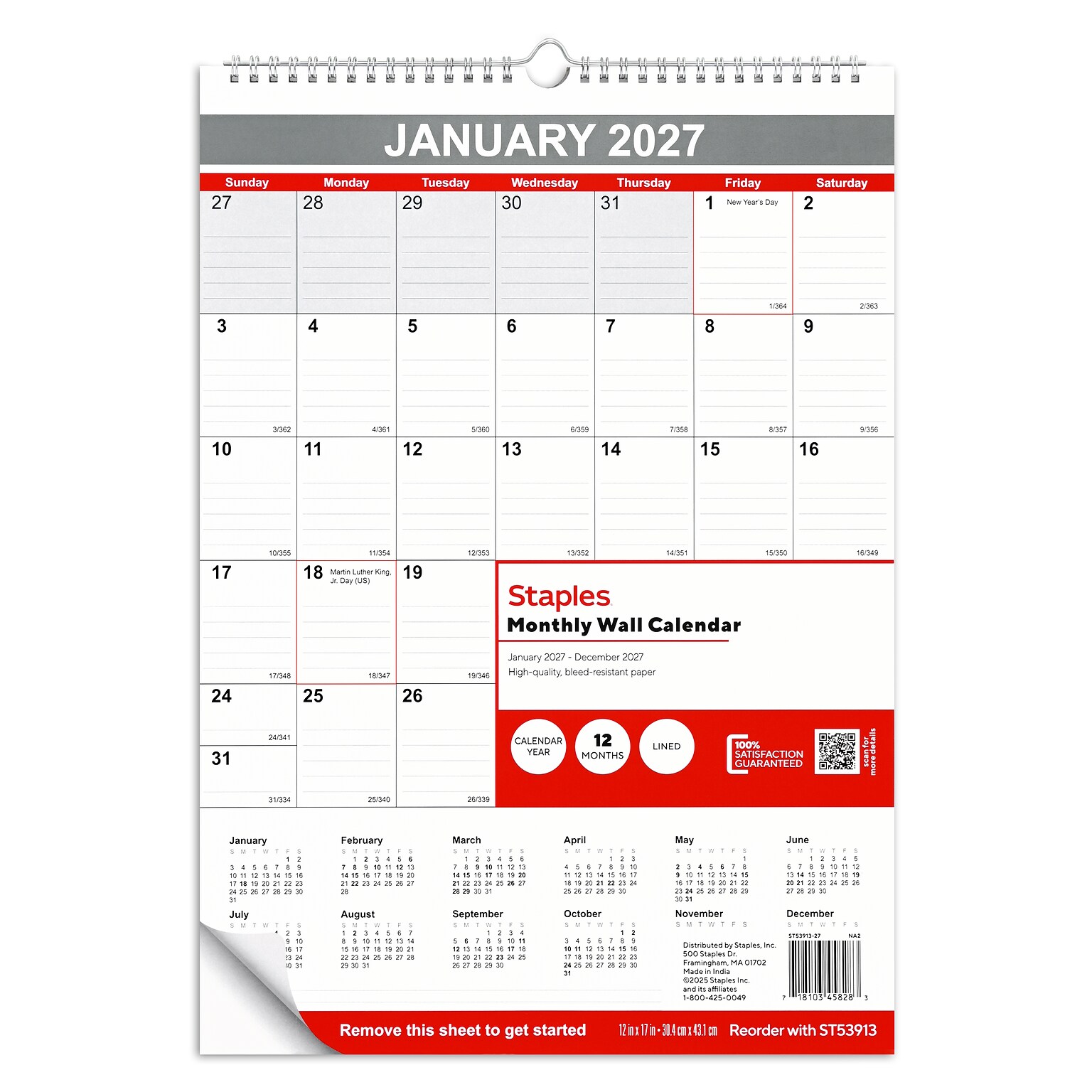 2027 Staples 12 x 17 Monthly Wall Calendar, White/Red/Gray (ST53913-27)