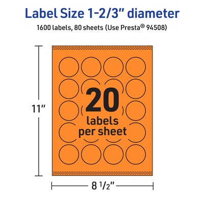 Avery Circle Multipurpose Labels, 1-2/3" Dia., Bright Orange, 1600/Box (94508)