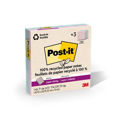 Post-it Recycled Super Sticky Notes, 4 x 4, Wanderlust Pastels Collection, Lined, 70 Sheets/Pad, 3