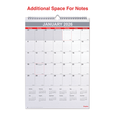 2026 Staples 12" x 17" Monthly Wall Calendar, White/Red/Gay (ST53913-26)
