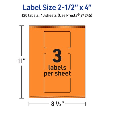 Avery Rectangle Multipurpose Labels, 2.5" x 4", Bright Orange, 120/Pack (94245)