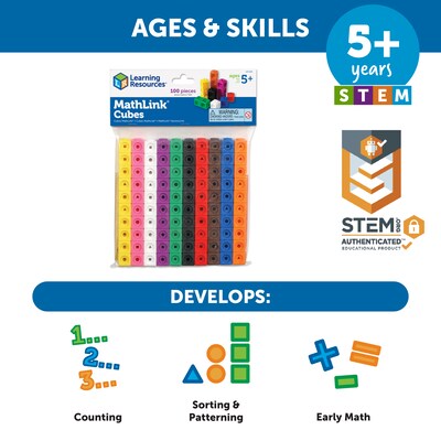 Learning Resources Mathlink Cubes - Set of 100 Cubes, Ages 5+ Kindergarten,  STEM