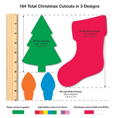 FreshCut Crafts Punch Out Paper Cutouts, Christmas Shapes, Trees, Stockings & Light Bulb, 164 Pieces (FCC850054391223)