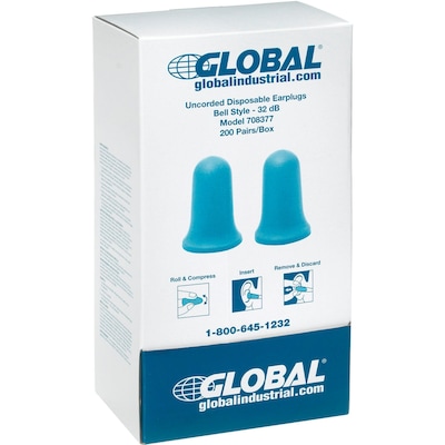 Global Industrial Bell Earplugs, Contour, Uncorded, NRR 32 dB, 200 Pairs/Box (708377)