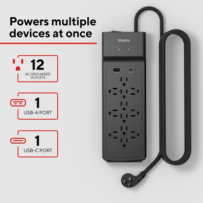 Staples TECH 12-Outlet 2-USB Port Surge Protector, 8, 3900 Joules, Black (ST62774)