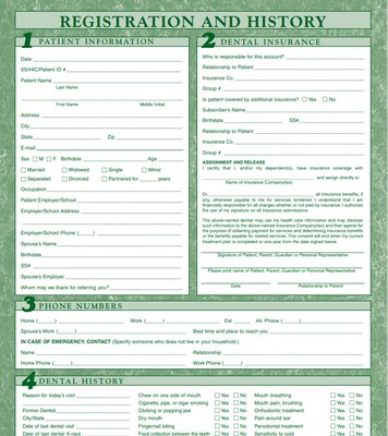 Medical Arts Press® Dental Registration and History Form; Green Marble