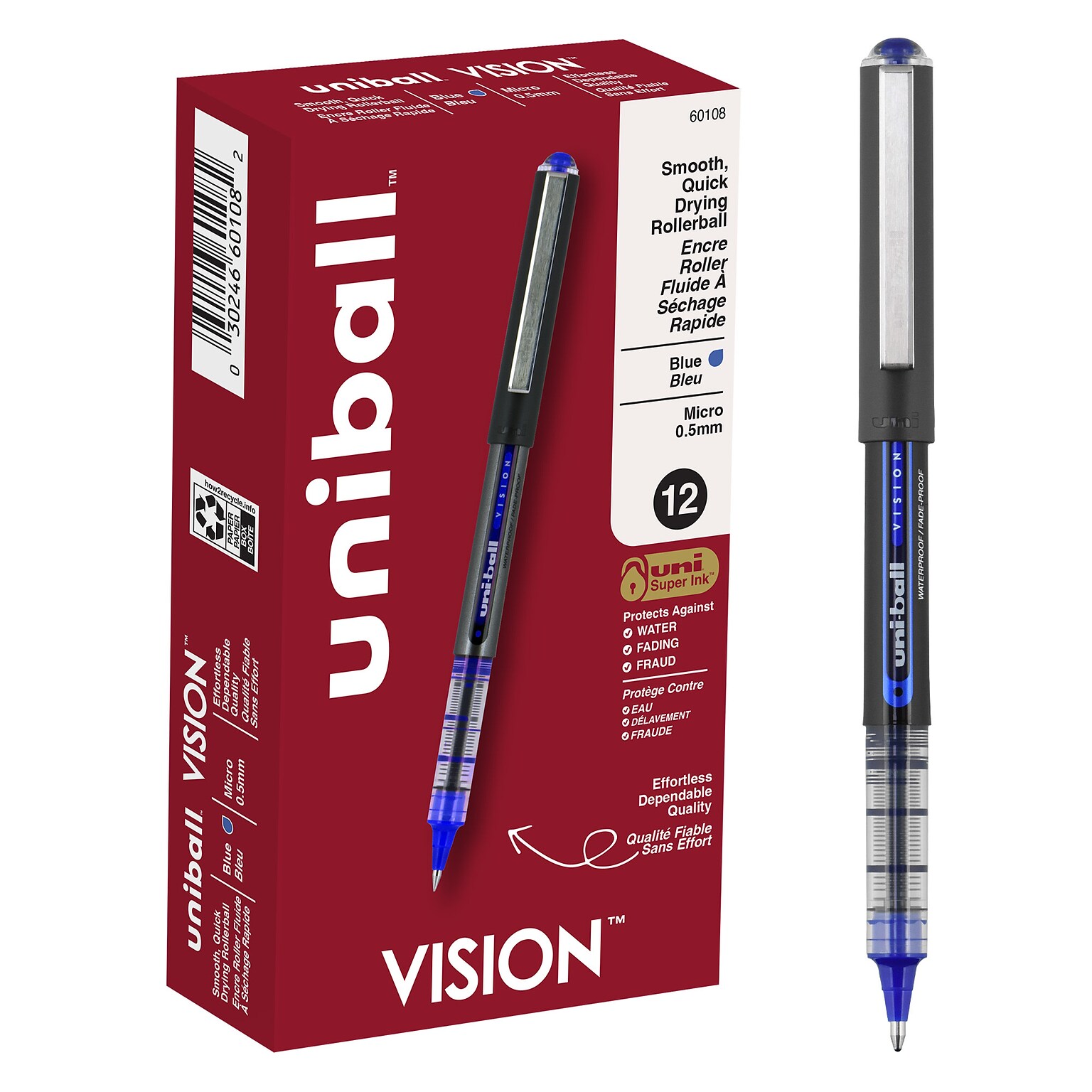 uni-ball Vision Rollerball Pen, Micro Point, 0.5mm, Blue Ink, Dozen (60108)