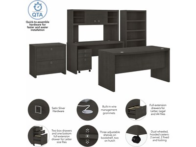 Bush Business Furniture Echo 60"W Bow Front Desk, Credenza with Hutch, Bookcase and File Cabinets, Charcoal Maple (ECH029CM)