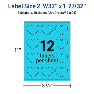 Avery Printable Heart Shaped Multipurpose Labels, 2-9/32" x 1-27/32", Bright Blue, 240/Pack (94603)